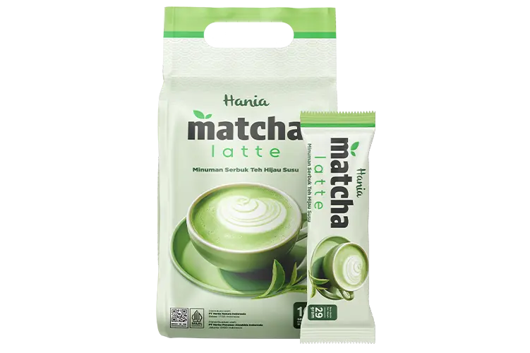 Kemasan Hania Matcha Latte HNI minuman serbuk teh hijau susu 10 sachet
