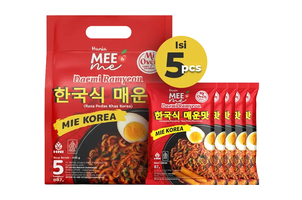Kemasan pouch Hania Mee dan Me Rasa Pedas Korea HNI isi 5 pcs